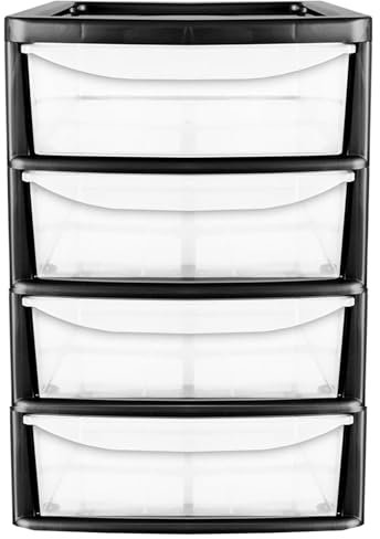 Black A4 Small Lightweight Plastic Home Office Schools Table Top Desk Top Bedside Storage Tower Units With 4 Drawers