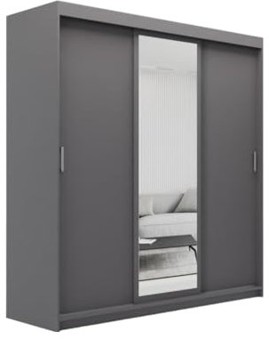 ELUKS OVI Double Sliding Doors Wardrobe with Mirror Furniture for Bedroom Living Room and Hall Wardrobe Organizer Width 100cm/120cm/150cm/180cm/200cm (Grey, 200cm+4 drawers)