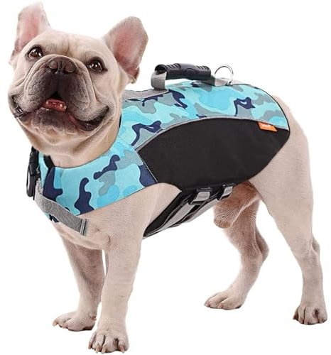 RUYICZB Sportstil Schwimmweste Für Hunde Mit Hervorragendem Auftrieb Und Griff Einstellbar & Langlebig Schwimmweste Haustier Lebensretter Welpen Badeanzüge Für Strand,Blau,L