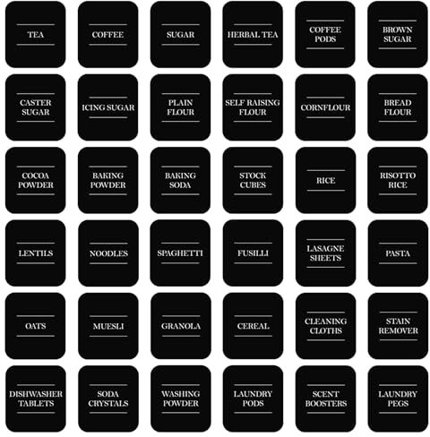 Argon Tableware 108x Storage Jar Labels - Black - Pre-Printed Sticky Adhesive Kitchen Pantry Glass Food Spice Jam Bottle Container Stickers