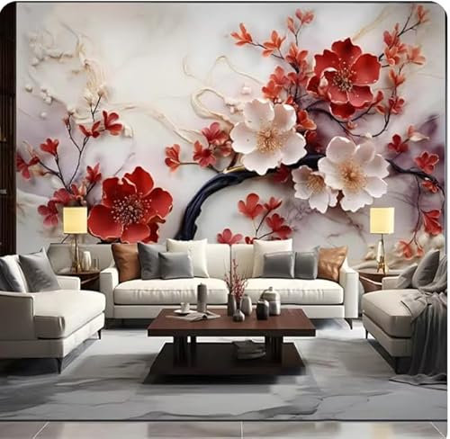 XDOUBAO Papier peint 3D Fleur de prunier rouge Peintures murales Salon TV Canapé Chambre Décoration d'intérieur Peinture murale, 3D, 430x300cm