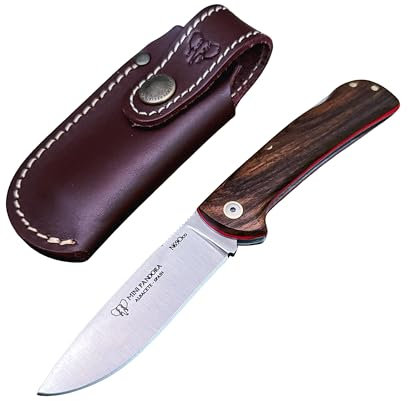 Navaja Cudeman 389-JM Mini Pandora con hoja de acero Böhler N690Co de 8 cm y empuñadura de juma, olivo o nogal de 10 cm para Caza, Pesca, Supervivencia + Portabotellas Regalo (Nogal CON funda)