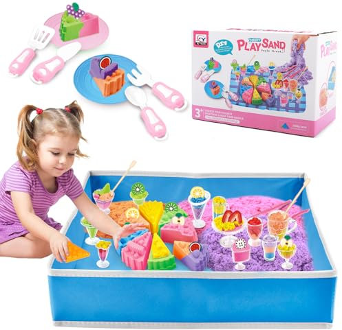 deAO Magic Play Sand Set für Mädchen, Eiscreme Zaubersand Playset mit Sandkasten, 1kg Knetsand, Kuchen Sandformen und Eiscreme DIY Zubehör, Kreatives Spielsand Sandspielzeug Geschenk für Kinder ab 3-8