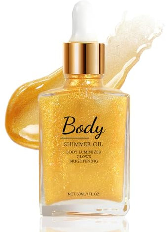 Olio glitterato illuminante per il corpo, olio glitterato illuminante per il viso, Long Lasting Shine Illuminating Cheek Lip Makeup, Body Glow Shimmer Lotion, 30 ml (golden)