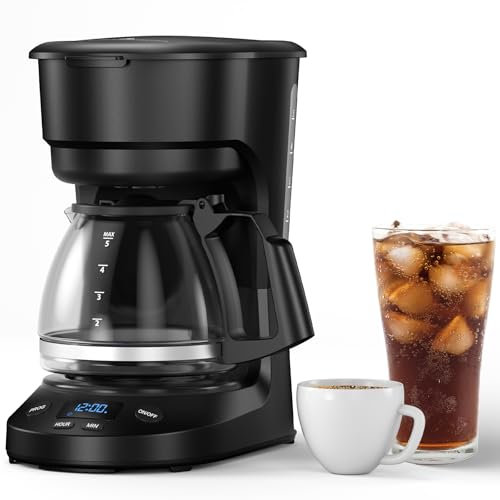 Electactic Caffettiera a goccia da 5 tazze con timer programmabile 24h, ritardare la fermentazione, piastra di mantenimento in caldo, serbatoio dell'acqua da 708,7 g, spegnimento automatico, filtro