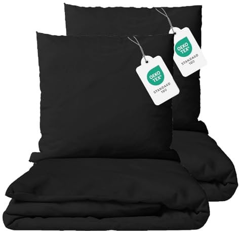 Class Home Collection Bettwäsche 155x220 Baumwolle 4 teilig Renforce Bettwäsche-Set mit Reißverschluss Uni Schwarz