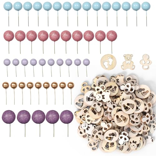 50 Stück Tortendeko Kugeln Cake Topper, Funkeln Kuchen Deko Kugeln, Mini Tortenaufleger Ballons, Cake Topper Luftballons, mit 200 Stück Deko Konfetti Holz, für Torte Dekorieren