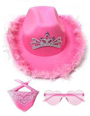 Nankoyal Cowboyhut mit rosa Krone, Cowboyhut mit rosa Krone, für Kinder, rosa G-limmer, Cowgirl-Hut, helle Farben, Filz, Cowgirl-Hut, Cowboyhut mit herzförmiger Sonnenbrille