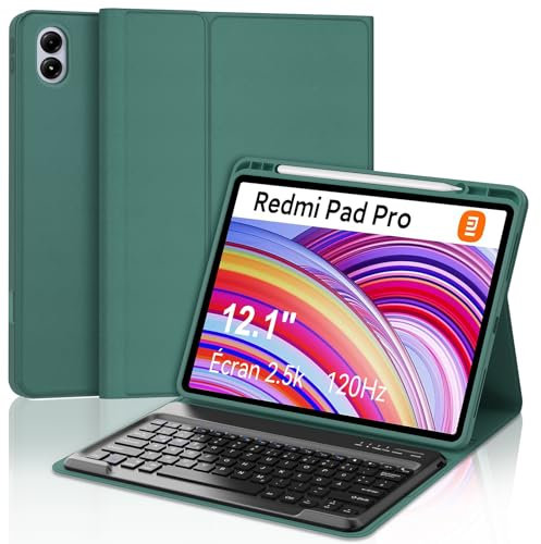 FOGARI Xiaomi Redmi Pad Pro 12.1 Tastatur Hülle, Xiaomi Pad Poco 12.1 Zoll 2024,Magnetisch Abnehmbarer Tastatur, Hülle mit Stifthalter für Redmi Pad Pro 12.1, Dunkelgrün