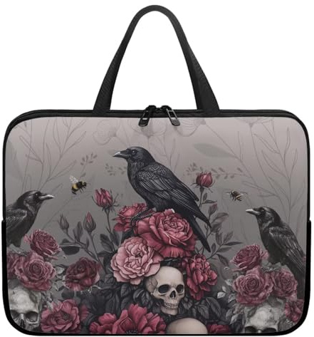 ZIATUBLES Laptop Sleeve Case with Handle Black Raven Floral Skull Print Computer Cover Compatible with 10-17 Inch Tablet 360° Protective Carrying Bag Briefcase for Women Men, 17inch