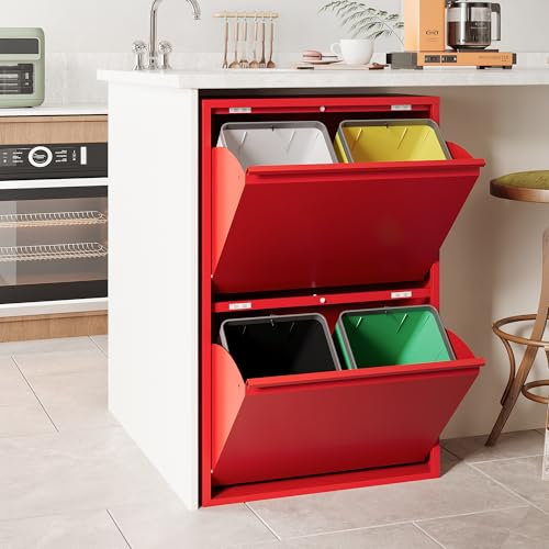 VEEHAUS Poubelle de cuisine pour une utilisation polyvalente avec rabats en acier inoxydable Poubelle élégante pour un rangement efficace et pratique Rouge (4 x 15 LT - 60 LT)