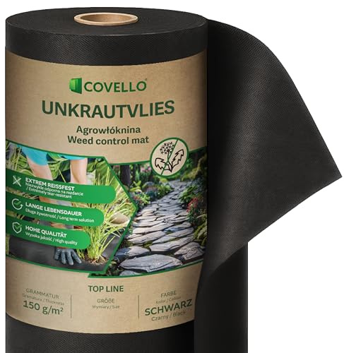 Unkrautvlies 150g/m² Gartenvlies 25 x 1m Unkrautfolie Wasserdurchlässig | 1-500 m², Schwarz, Mulchvlies Top Line für Garten, Extra Stark Unkrautmatte, Reißfestes Vlies, hohe UV-Stabil, 50-150 g/m²