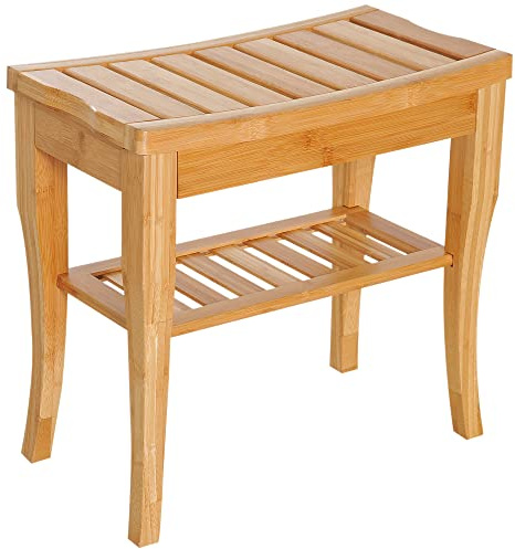 HOMCOM Tabouret de Bain en Bambou avec étagère de Rangement Banc de Bain antidérapant imperméable et Robuste Tabouret de Douche Robuste pour la Maison, Le Salon, la Chambre et Le Spa 47,5x26x44,5 cm