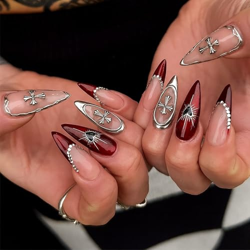 Gothic Almond Press On Nails - 24Pcs Medium Long Stiletto False Nails with Silver Cross Accents, Handmade Full Cover French Tip Set for Holiday Art