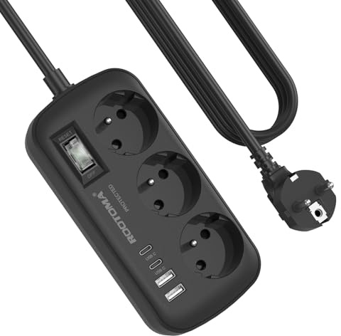 Multiprise Noir 3 Prises avec 4 USB (2 USB-C), Parafoudre | Avec Interrupteur Anti-Surcharge, Câble de 1,5 m et Fixation Murale – Idéale pour la maison et le bureau, 16A/250V