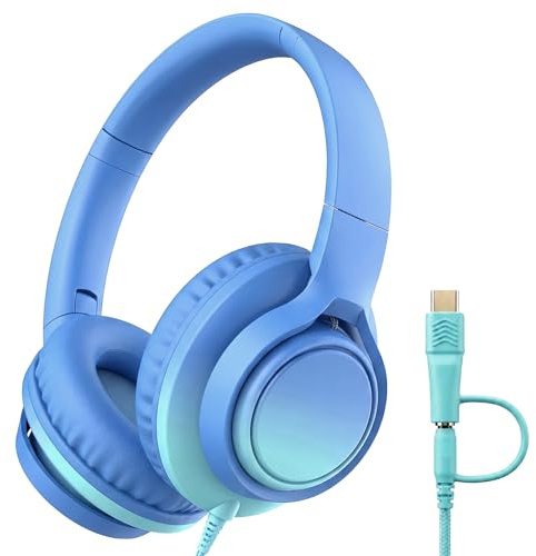 MartiAudio Kids Headphones Wired with Microphone, 85/94dB Volume Limited, Over Ear Headphones for Kids with USB C & 3.5mm Jack, Foldable Stereo Headset for School Travel iPad PC (Gradient Blue)