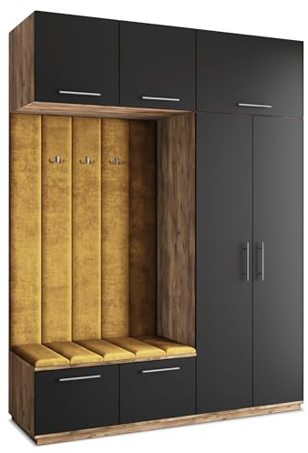Masseno Flugarderoben Set Rema, Kleiderschrank-Set mit Sitzbank, Garderobenschrank Flur mit 5 Regalböden, Eiche Lefkas/Schwarz