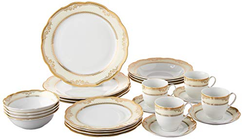 Lorren Home Trends Isabella-24 Geschirrset Isabella-Design, Porzellan, gewellter Rand, Weiß, 24-teilig