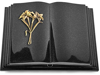 MEMORUM Grabmale Grabbuch, Grabplatte, Grabstein, Grabkissen, Urnengrabstein, Liegegrabstein Modell Livre Pagina 40 x 30 x 8-9 cm Indisch-Black-Granit, poliert inkl. Gravur (Bronze-Ornament Lilien)