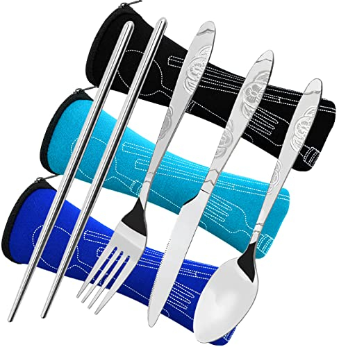 CKANDAY 3 Paquetes / 12 Piezas Juego de Cubiertos de Acero Inoxidable, Cuchillo Tenedor Cuchara Palillos con Estuche Transporte Cubertería a Prueba de Herrumbre para Viajar-Negro/Azul/Azul Claro