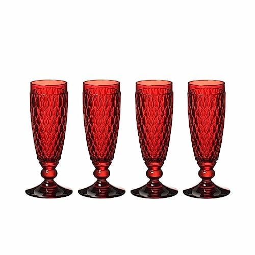 Villeroy & Boch Boston Coloured Sektgläser Red 4er Set, 145 ml, Farbige Sektkelche mit Facettenmuster, Kristallglas für Champagner und Schaumwein, Spülmaschinengeeignet, Rot