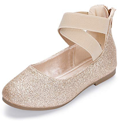 Hehainom Girls Dress Shoes Toddler Little Kids Gracy Ballet Mary Jane Ballerina Flats with Elastic Ankle Strap (Gold Glitter, 1 M US Little Kid)