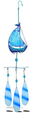 CoTa Global Blaues Segelboot-Windspiel zum Aufhängen, 70 cm, nautisches Glas-Windspiel, Outdoor-Dekor für eine harmonische Veranda, Terrasse und Garten, einzigartige Strandkunst für den Innenbereich,