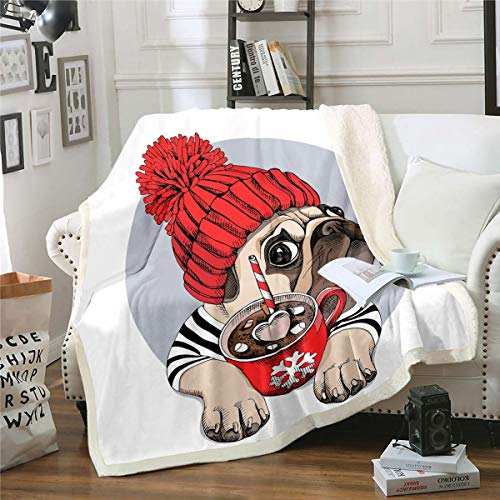 Loussiesd Hund gedruckt Wohndecke 130x150cm Netter Mops Hund Kuscheldecke Für Kinder Weihnachten Thema Flanell Fleecedecke Karikatur Tier Weihnachten Hundeliebhaber Geschenk Decke