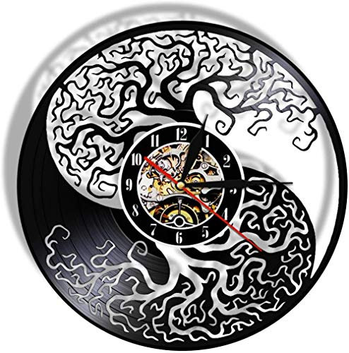 WTTA Yin et Yang Arbre de Vie Disque Vinyle Horloge Murale Feng Shui Zen Tai Chi Diagramme équilibre Esprit Symbole de la lumière LED