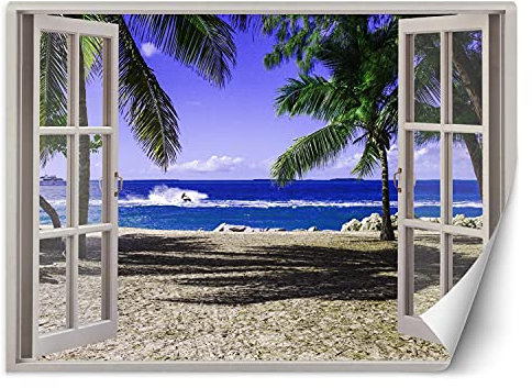 Feeby Papier Peint Intisse Vue De La Fenêtre Illusion 3D 140x100 cm bleu Moderne Panoramique XXL Photo Mural Muraux Chambre Bureau Salle Île Exotique Océan