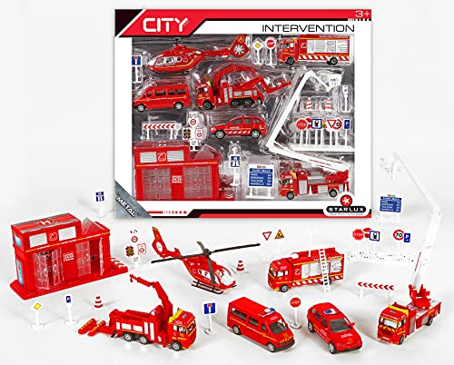 STARLUX – Grand Coffret de Petites Voitures de Pompiers avec 1 caserne, 6 véhicules (2 Camions, 1 Voiture, 1 Fourgon et 1 hélicoptère) et de Nombreux Accessoires – Jouet Enfant 3 Ans et Plus - 806142