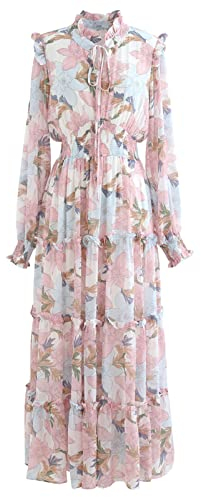 CHICWISH Damen Rosa Lilie Floral Blossom Selbstgebunden V-Ausschnitt Chiffon Maxikleid, rose, Groß