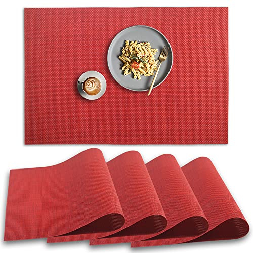 homEdge PVC-Platzdeckchen, rutschfest, hitzebeständig, waschbares Vinyl, rot, 4 Stück