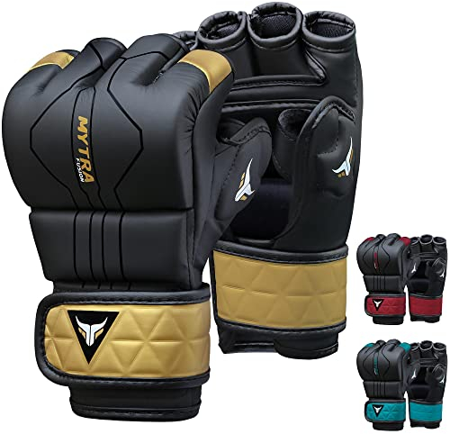 Mytra Fusion MMA Handschuhe mit offener belüfteter Handfläche MMA Sparring Handschuhe Kickboxen, Grappling, Training, Cage Fighting Mixed Martial Arts Handschuhe (XL, Black/Gold)