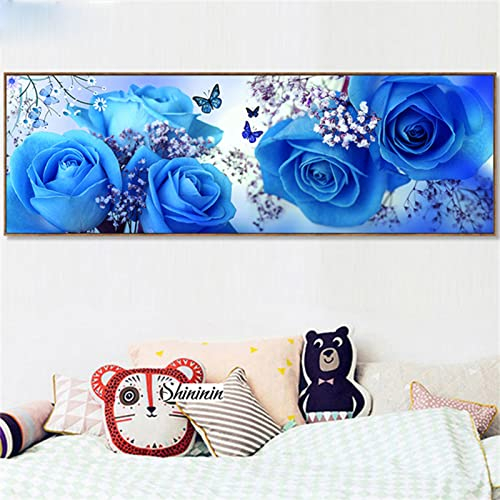 5D Diamant Painting Bilder Blaue Rosen-Schmetterlings-Blumen, Diamond Painting Kinder, leinwand Groß, 70x140cm Malen nach Zahlen Erwachsene, DIY Diamond Painting Zubehör, Wohnzimmer Dekoration