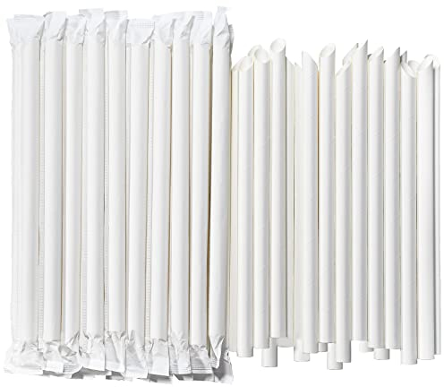 Chunspak 9 Inch Individually Wrapped Disposable White Paper Boba Straws, Bubble Tea Straws 100 Counts, 0.5/12mm Wide - Pointed End, Extra Thick, Fat - Eco-friendly Biodegradable