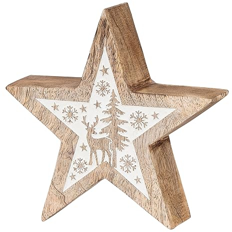 levandeo Deko-Stern Holz 14cm Natur Weiß Mango Winter Deko Tischdeko Mangoholz Holzdeko Aufsteller Unikat Holzstern Weihnachten