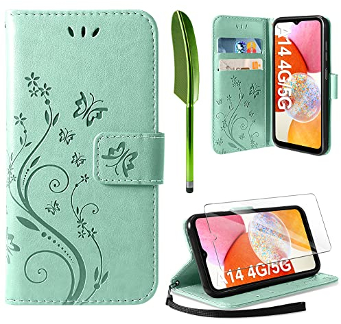 AROYI Lederhülle Kompatibel mit Samsung Galaxy A14 5G/A14 4G Hülle und Schutzfolie, Flip Wallet Handyhülle PU Leder Tasche Kartensteckplätzen Schutzhülle Kompatibel mit Samsung Galaxy A14 Hellgrün