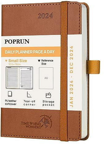 POPRUN Kalender 2024 Tagesplaner 16 x 10,5 cm, Tageskalender 1 Tag 1 Seite (Montag - Sonntag), 12-Monate-Terminplaner (Jan.2024-Dez.2024) Softcover mit PU-Leder - Braun