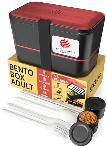 Umami Bento Lunch Box, Couverts & 2 Pots à Sauce Inclus, Boîte Repas Encastrable, Lunchbox Micro-Ondable, Boîte à Lunch Adulte Compartimentée, Bento Box, Palissandre Noir, 1500 ml