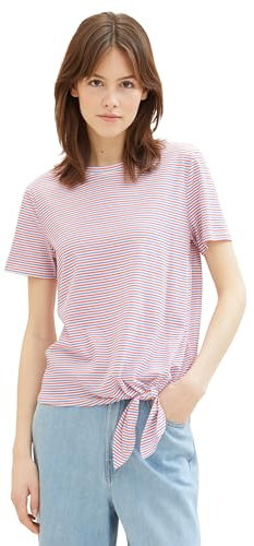 TOM TAILOR Denim Damen Basic T-Shirt mit Knotendetail, blue red white stripe, XS