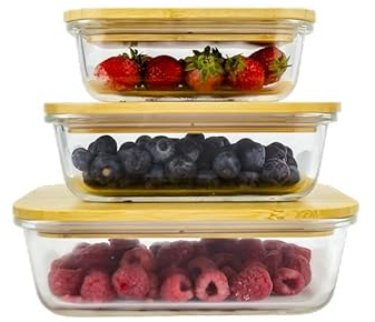 HOUSZY Set of 3 Rectangular Glass Food Containers with Bamboo Lids – Borosilicate Glass Meal Prep Storage – Airtight, Oven & Microwave Safe – 370ml, 640ml, 1050ml
