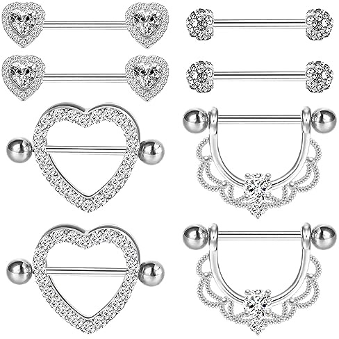 Kucheed 48 Stück Nippelringe für Frauen, 14G Chirurgenstahl Zungenringe Nippelpiercing Schmuckhalter,12–18 mm gerades Langhantel Nippelring Set,Niedliche Herz Nippelringe mit Kubischem Zirkonia