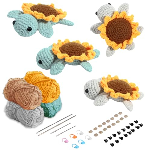 FREEBLOSS Häkel Set: Liebenswerte Sonnenblume Schildkröte Mit Häkelgarn und Nadel - Starter Set Mit Anleitung für Häkeltiere - Handarbeiten für Erwachsene Anfänger und Begeisterte