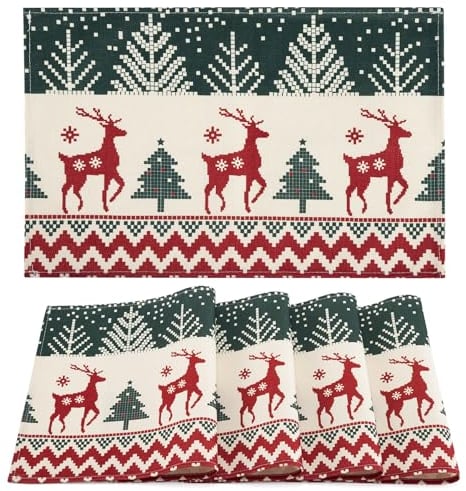 AFXXE Platzset Weihnachten 4er Set, Pixel-Stil Tischset Weihnachten Abwaschbar, 30x45cm Leinen Platzdeckchen Weihnachten Stoff, Rentier Tischdeko Weihnachten für Party und Tisch Weihnachtsdeko