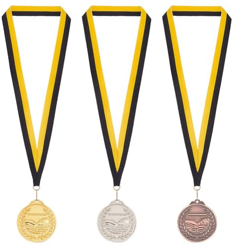 FINGERINSPIRE 3 Stück Auszeichnungsmedaillen Mit Premium Band Legierung Schwimmmedaille Mit Streifenmuster Lanyard Goldenes Platin Rotes Kupfer Flache Runde Medaillen Für Schwimmwettbewerbe Sport