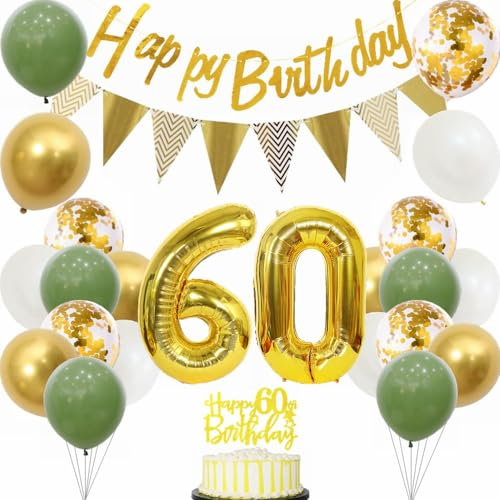 Yunchu Online 60 Geburtstag Deko Frauen Manner 60 Jahre Geburtstag Party Dekoration 60. Geburtstag Tortendeko Sage Grün Weiß Gold Party Ballons für Geburtstagsdeko 60 Jahre Geburtstag Party Dekoration