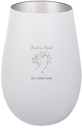 Der-Porzellan-Laden Windlicht mit Gravur Hand in Hand EIN Leben lang, Weiß Silber, Teelichthalter aus Glas mit Spruch, Tischdeko modern