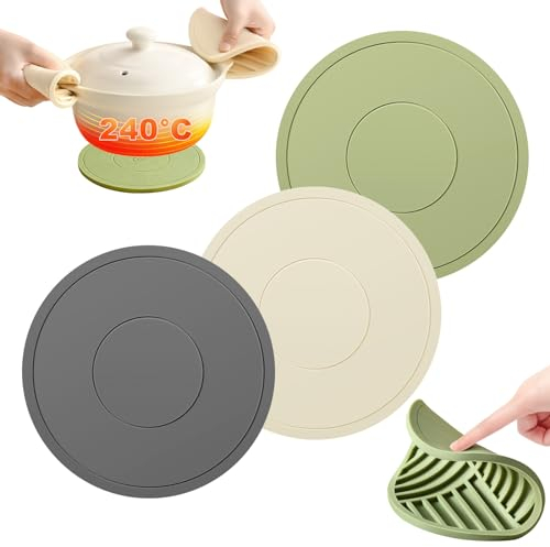 3 Piezas Salvamanteles de Silicona, 16cm Protector Sartenes Silicona, Protector Sartenes Separadores Duradero, Impermeable y Antideslizante, Apto para Ollas, Sartenes y Cuencos (Gris Beige Verde)
