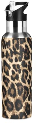 Borraccia con cannuccia, a tenuta stagna, alla moda, stampa leopardata, borraccia termica sottovuoto, per ragazze e ragazzi, 600 ml